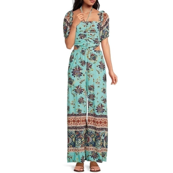 FREE People Blue Paisley Puff Sleeves Wide legs Jumpsuit size XS - Picture 4 of 11